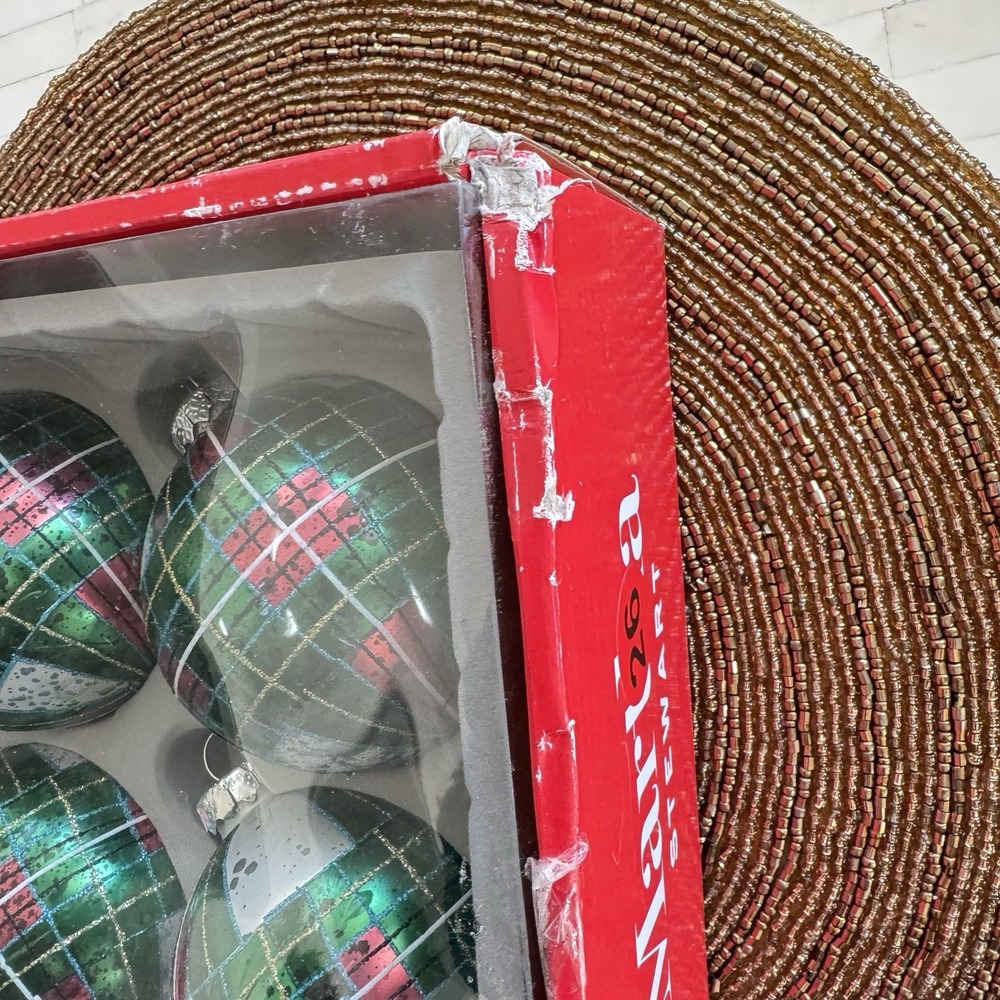 New Martha Stewart Home PLAID Glass‎ Christmas Ornament Balls Set Of 4 Green - Picture 5 of 8